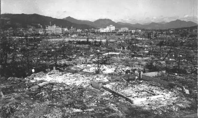 A photograph showing the destruction in Hiroshima after the atomic bombing in World War II.