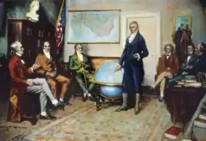 In 1823, U.S. President James Monroe presides over a cabinet meeting to discuss the Monroe Doctrine.