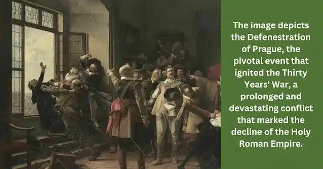 The image depicts the Defenestration of Prague, the event that sparked the Thirty Years’ War.