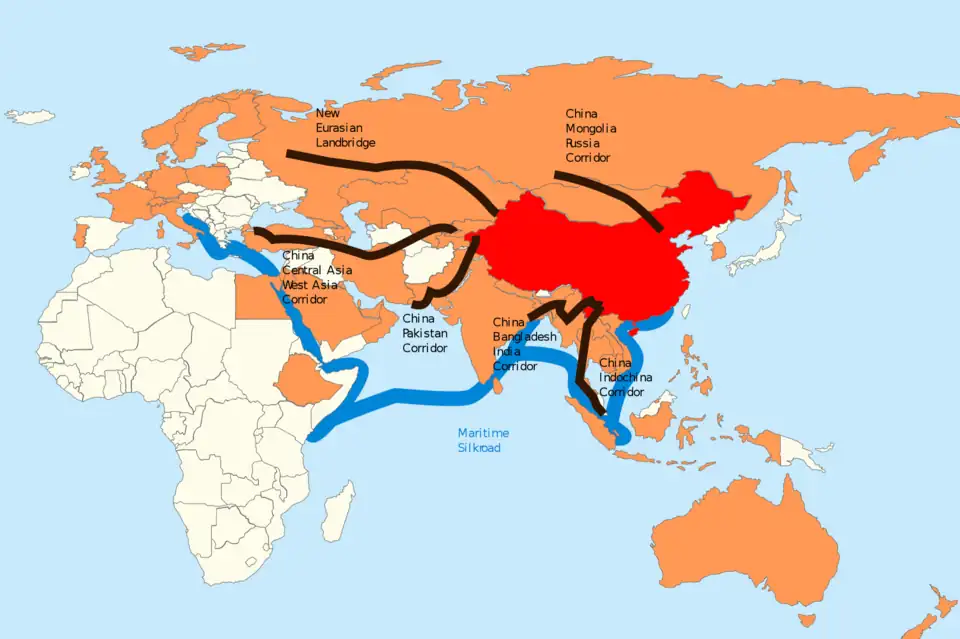 China's Belt and Road Initiative highlights key transport corridors in blue, black, and orange, alongside AIIB member countries as of October 2020.