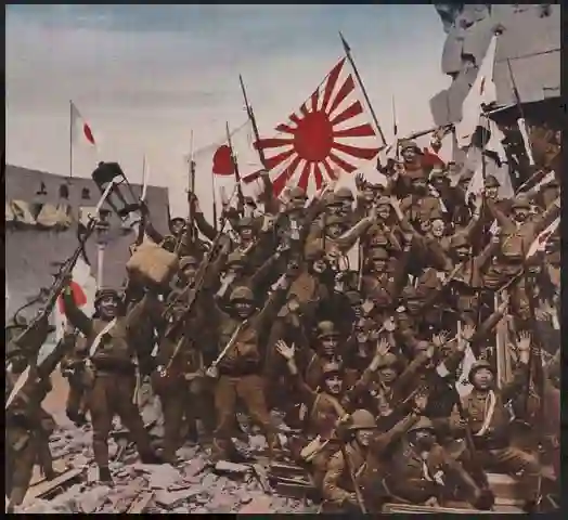 Japanese soldier with flags in December 1937, Nanjing, China."