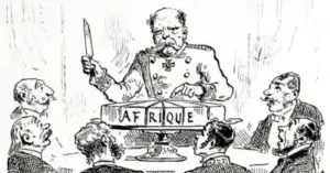 Cartoon from "L'illustration" (January 3, 1885) depicting Otto von Bismarck cutting a cake labeled 'Africa' at the Berlin Conference, symbolizing the Scramble for Africa.