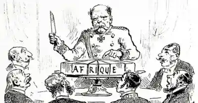 Cartoon from "L'illustration" (January 3, 1885) depicting Otto von Bismarck cutting a cake labeled 'Africa' at the Berlin Conference, symbolizing the Scramble for Africa.