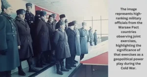 Potsdam Conference: Rise of Superpowers, New World Order and Beyond 3 The image represents high-ranking military officials from the Warsaw Pact countries observing joint exercises, highlighting the significance of that exercises as a geopolitical power play during the Cold War.