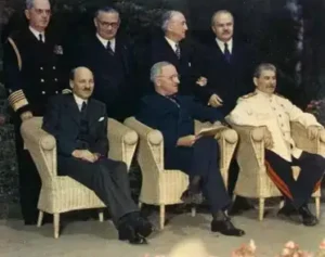 Historic Potsdam Conference: Attlee, Truman, and Stalin meet with advisors to shape post-WWII world order in 1945