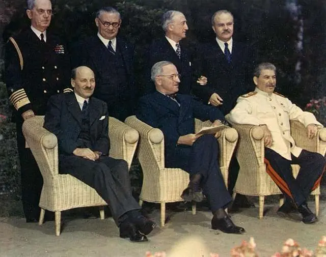 Historic Potsdam Conference: Attlee, Truman, and Stalin meet with advisors to shape post-WWII world order in 1945