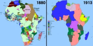 Scramble for Africa: Causes, Consequences and Legacy in World History 3 The contrasting maps of Africa from 1880 and 1913 visually demonstrate the dramatic territorial changes and colonial expansions that resulted from the Berlin Conference and the subsequent Scramble for Africa by European powers.