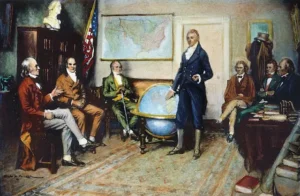 The Other Great Game: How America Quietly Surpassed Britain 2 In 1823, U.S. President James Monroe presides over a cabinet meeting to discuss the Monroe Doctrine, a pivotal moment in American foreign policy that reflects the tensions of the era known as "the Other Great Game."