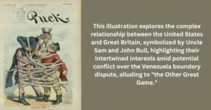 The Other Great Game: How America Quietly Surpassed Britain 3 This illustration explores the complex relationship between the United States and Great Britain, symbolized by Uncle Sam and John Bull, highlighting their intertwined interests amid potential conflict over the Venezuela boundary dispute, alluding to "the Other Great Game."