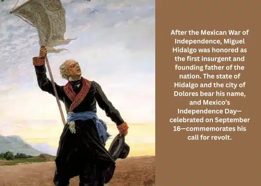 Miguel Hidalgo leading the Mexican War of Independence with his banner of revolt.