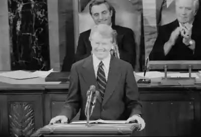 The image shows President Jimmy Carter addressing a Joint Session of Congress on January 23, 1980, where he articulated the Carter Doctrine and its significance for U.S. foreign policy.