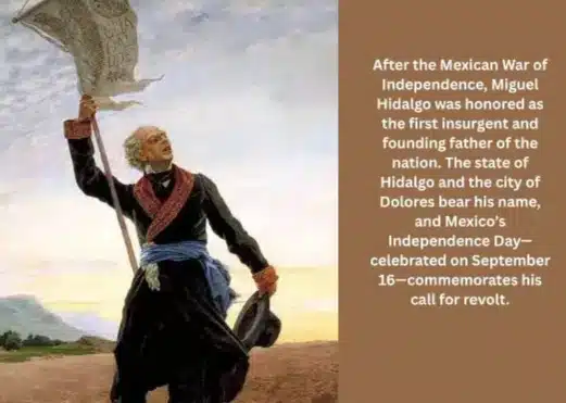 Miguel Hidalgo leading the Mexican War of Independence with his banner of revolt.
