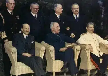 Historic Potsdam Conference: Attlee, Truman, and Stalin meet with advisors to shape post-WWII world order in 1945